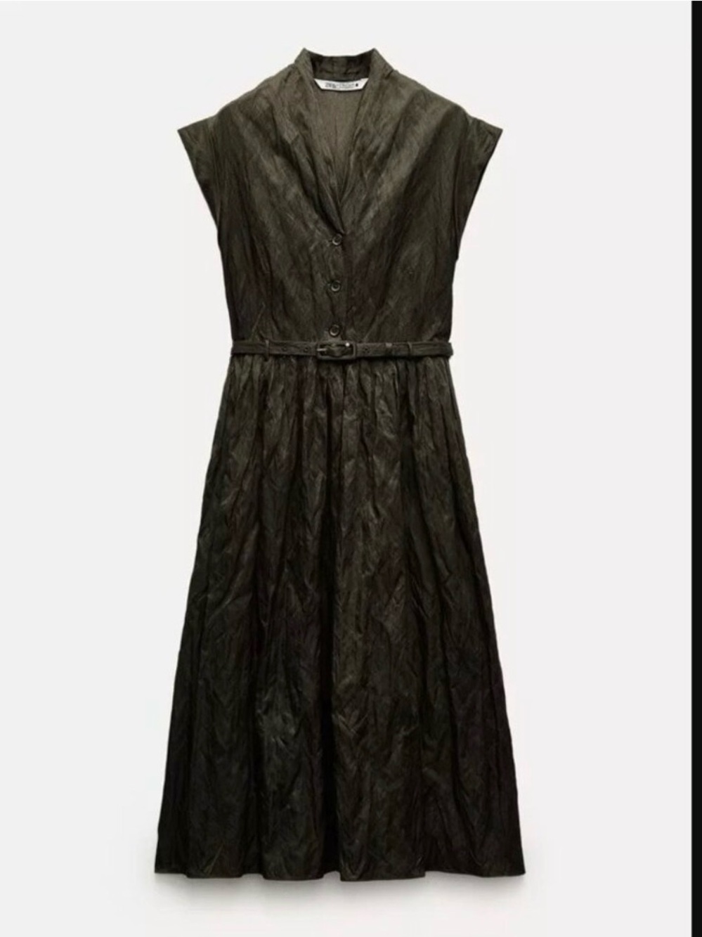 Zara Sleeveless Button-Front Midi Dress in Olive Green with Belt